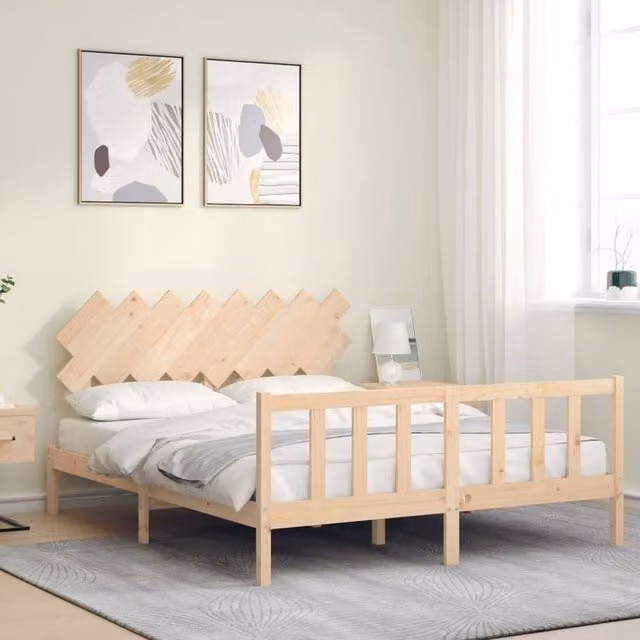 Berkfield Home Beautiful Bed Frame with Headboard in Natural Solid Pine, W/D/H: 160 x 200 x 80.5 cm