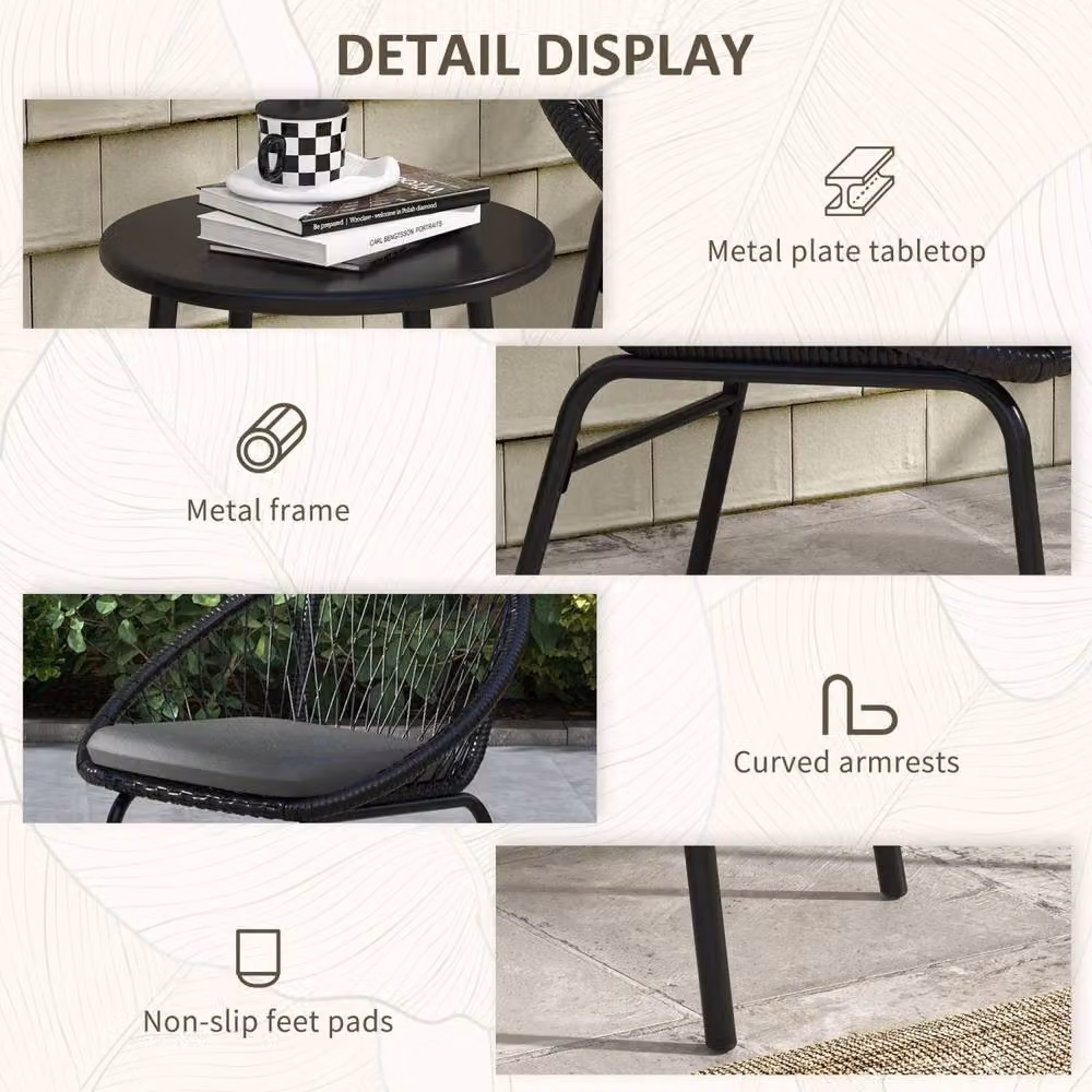 Wyld Haus Lukeno 3 Piece Black Rattan Bistro Set with 2 Chairs and Round Coffee Table – 5
