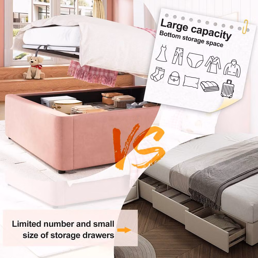 Merax Single Upholstered Velvet Ottoman Storage Bed Frame in Pink, W/D/H: 90 x 190 x 150 cm – 2