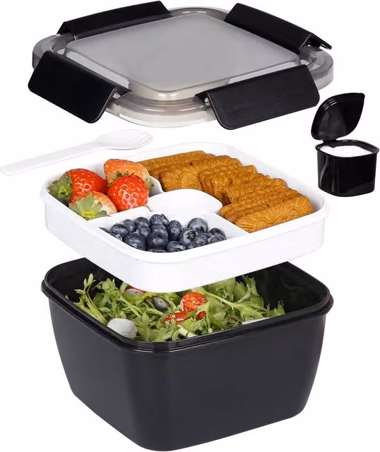 Greentainer Salad Container and Lunch Box with 3 Compartments and Spoon, Black, 52 oz – 1