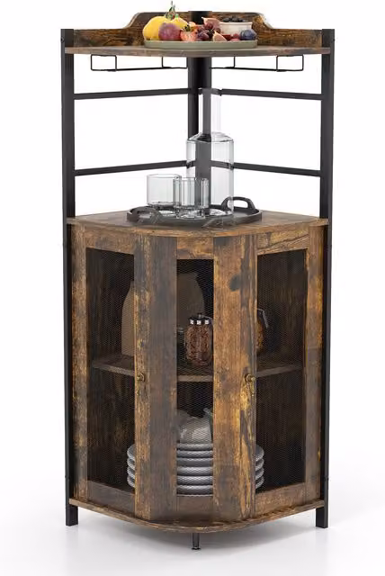 COSTWAY Brown Industrial Corner Bar Cabinet with Glass Holder and Internal Shelves