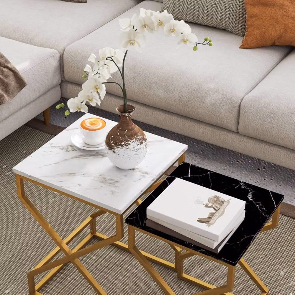 STILVORA Modern Nesting Side Tables with Marble Tops and Gold Metal Legs in Black and White – 2