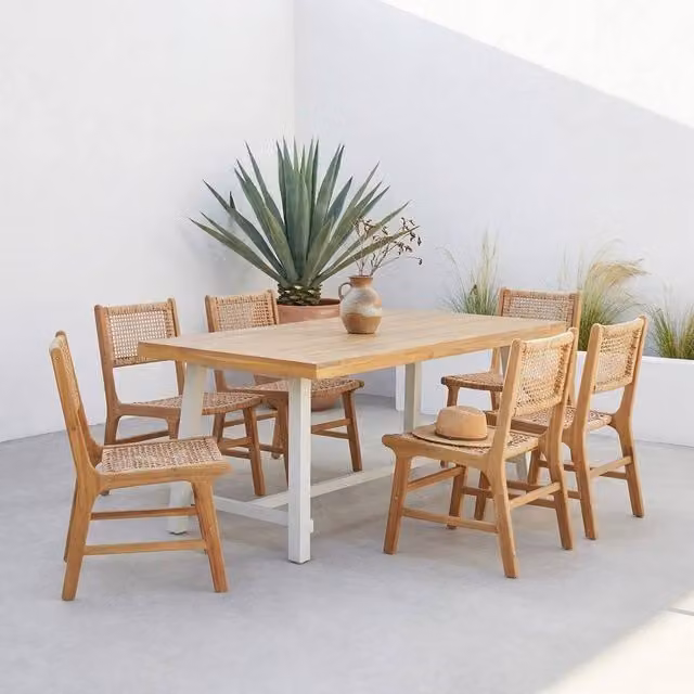 sweeek Indoor and Outdoor Dining Set with Acacia Wood and Metal Table and 6 Beige Woven Resin Seats