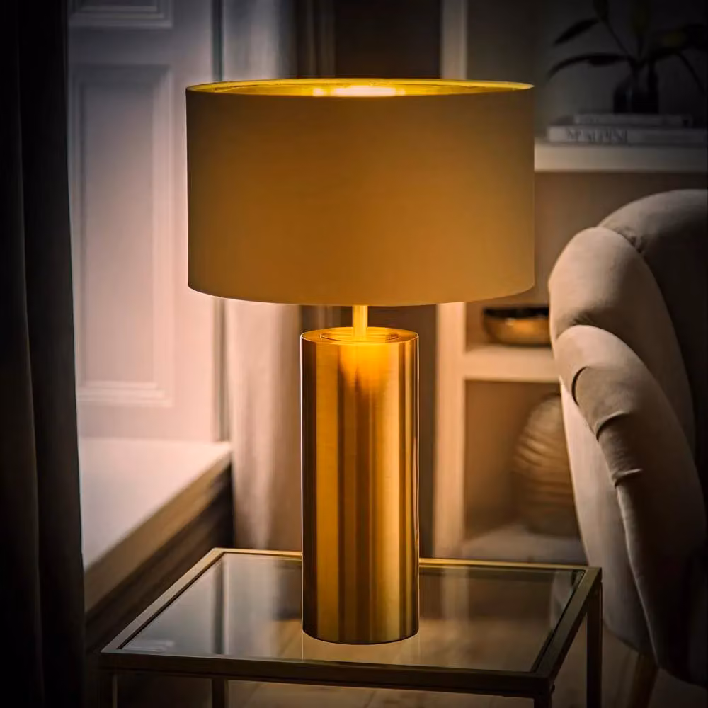 ValueLights Lexy Dimmable Touch Table Lamp with Beige Fabric Cylinder Shade and LED Bulb in Gold and Brass – 2