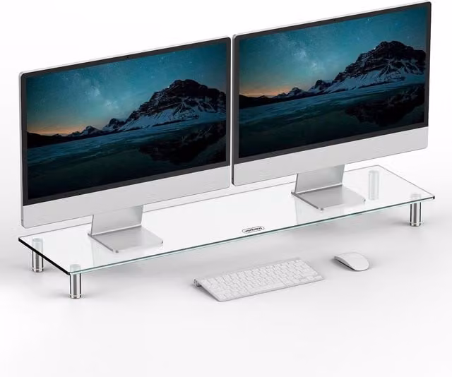 VonHaus Height Adjustable Dual Monitor Screen Riser in Transparent Tempered Glass with Aluminium Legs, W: 100 cm, D: 26 cm – 1