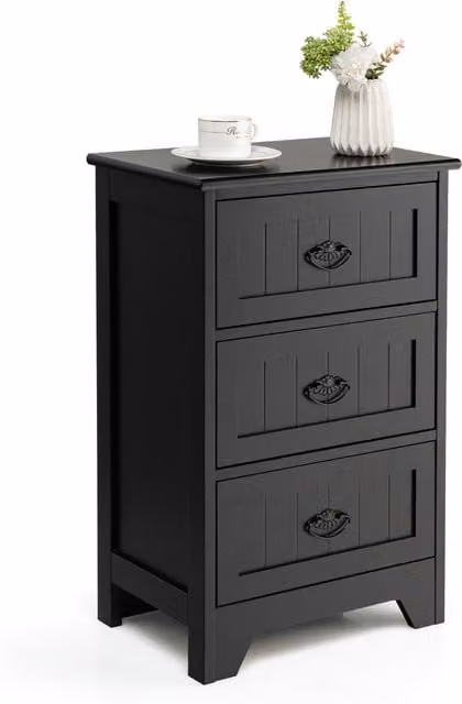 Costway 3-Drawer Vintage Bedside Table in Black