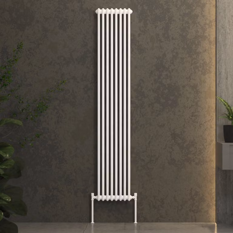 Fluxx White Vertical Double Column Stainless Steel Wall Mounted Radiator, H: 180 cm, W: 38 cm