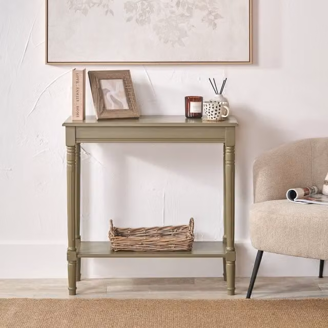 Pacific Lifestyle Heritage Pine Wood Console Table with Shelf in Olive Green