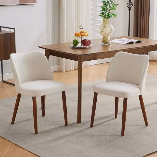 London Boutique Set of 2 Mid-Century Upholstered Linen Fabric Accent Chairs in Beige with Rubberwood Frames