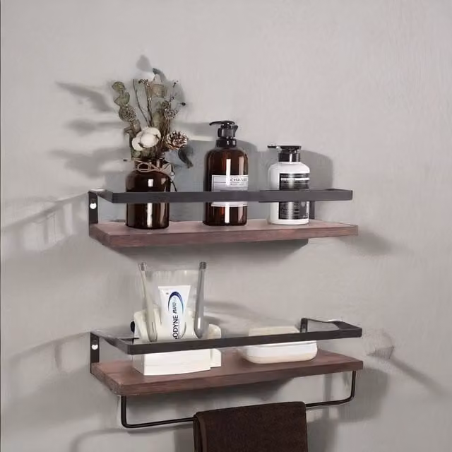 Pirlo Plush Industrial 2-Tier Brown Wooden Floating Shelves with Metal Hanging Rail