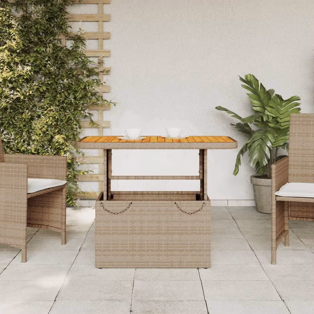 Berkfield Home Beige Poly Rattan and Acacia Wood Garden Table, W/D/H: 90 x 55 x 71 cm – 3