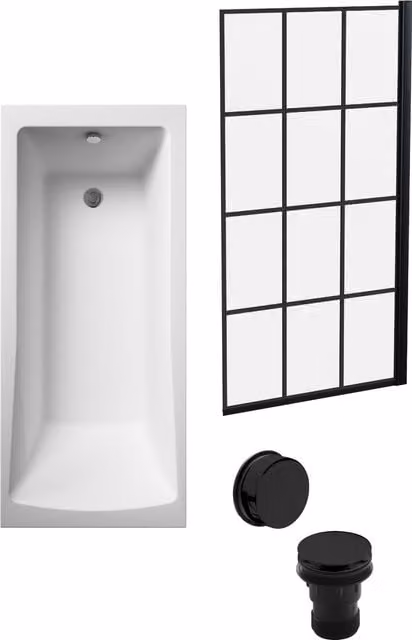 Balterley Square Rectangular Floor Standing Bath Set in White with Black Screen and Black Waste, W/D/H: 170 x 70 x 3 cm