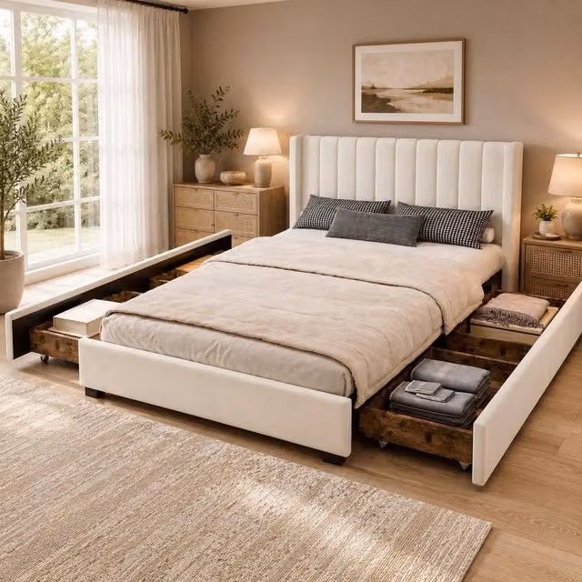 STILVORA Double Upholstered Velvet Bed with Storage Drawers in Beige, W/D/H: 140 x 200 x 137 cm – 1