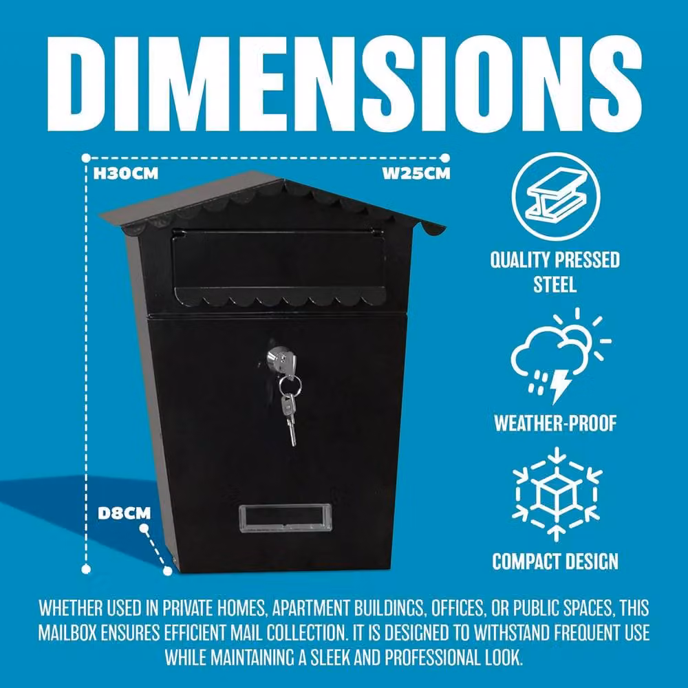 BARGAINS-GALORE Black Steel Wall Mounted Large Post Box, W/D/H: 30.0 x 25.0 x 8.0 cm – 5
