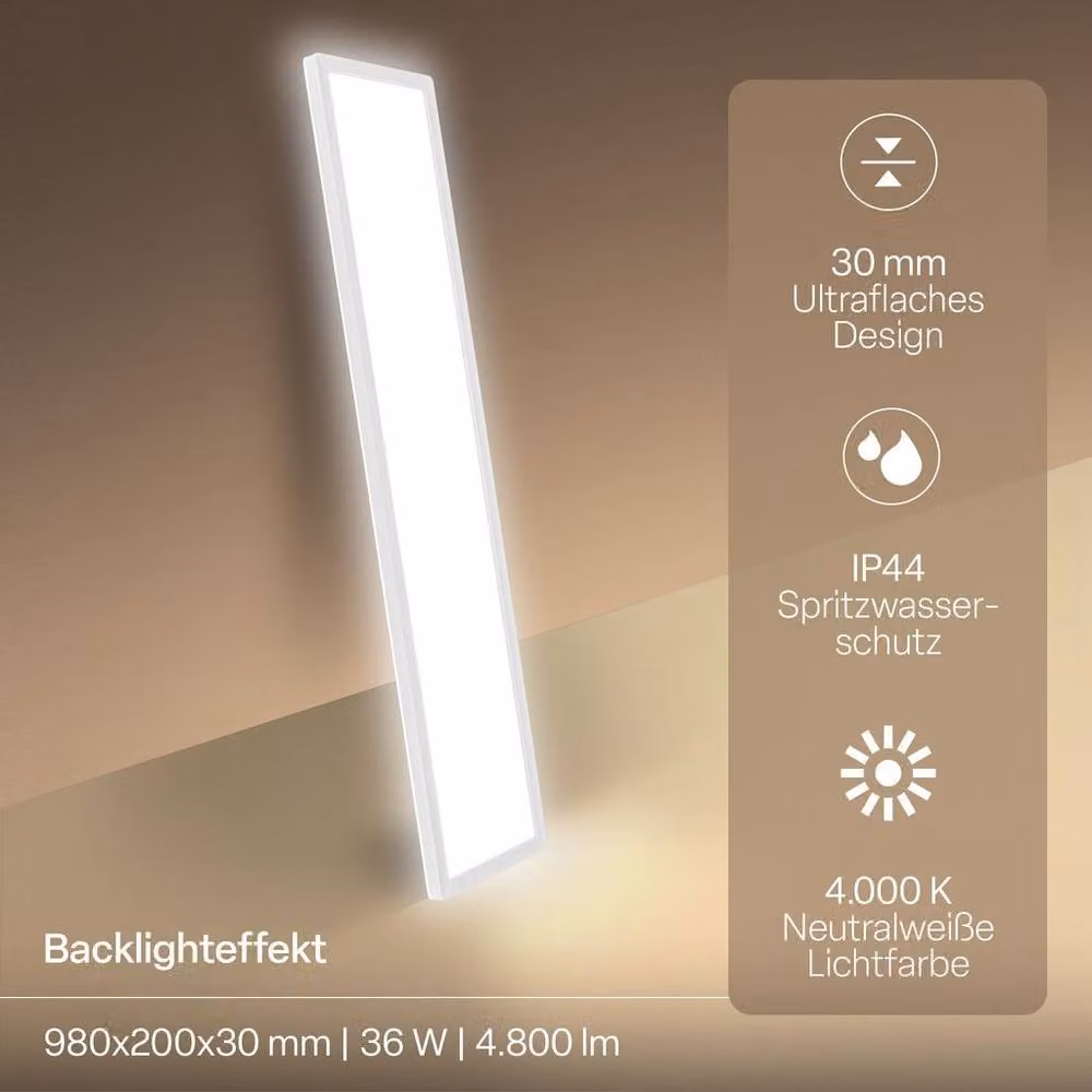 B.K.Licht White LED Slim Panel Ceiling Light, 36W, 4800lm, 4000K Neutral White, IP44 Splash-Proof, W/D/H: 98 x 20 x 3 cm – 2