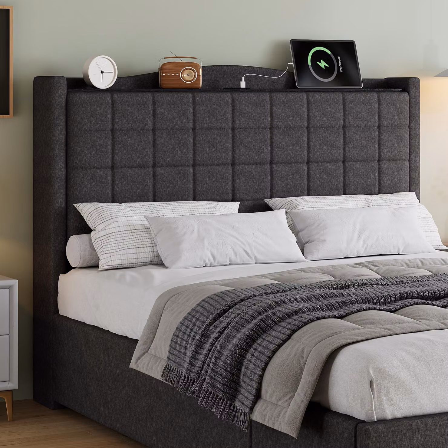 Aosom UK Grey Upholstered Bed Frame with 4 Under-Bed Drawers, H x W x D: 111 x 140 x 208 cm – 4