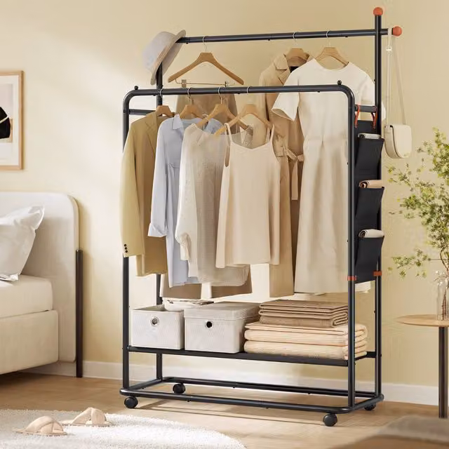 SONGMICS HOME Mobile Clothes Rack with Storage and Hooks in Matt Black Metal