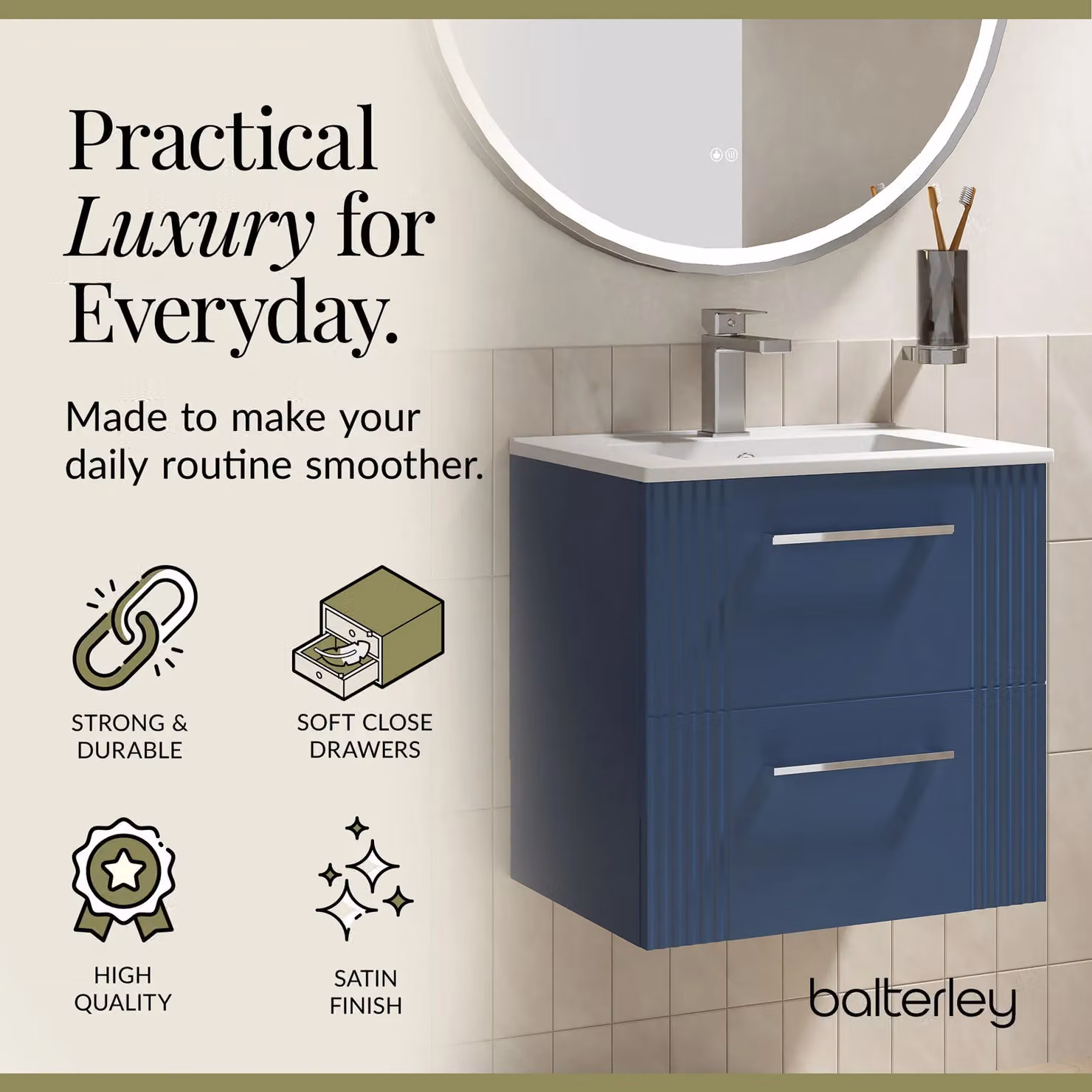 Balterley Wall Hung 2 Drawer Vanity Unit with Minimalist Basin, Satin Blue – 3