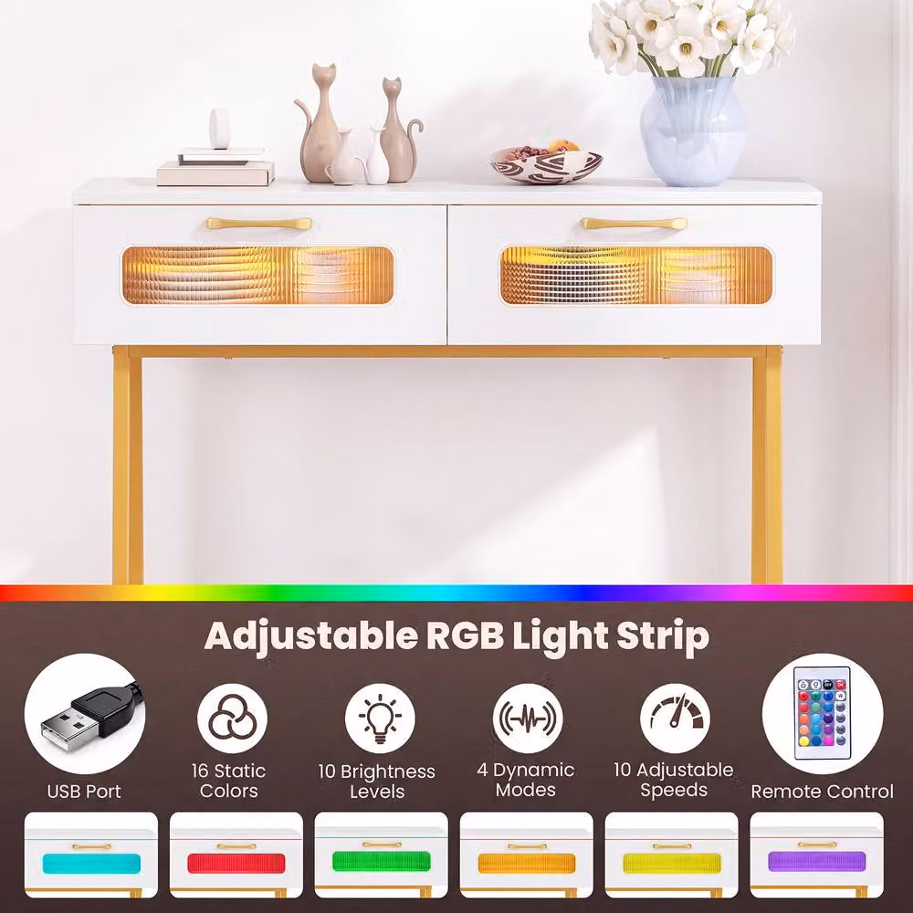 Gymax White Farmhouse Console Table with Colourful LED Lights and Rustic Wood Finish – 6
