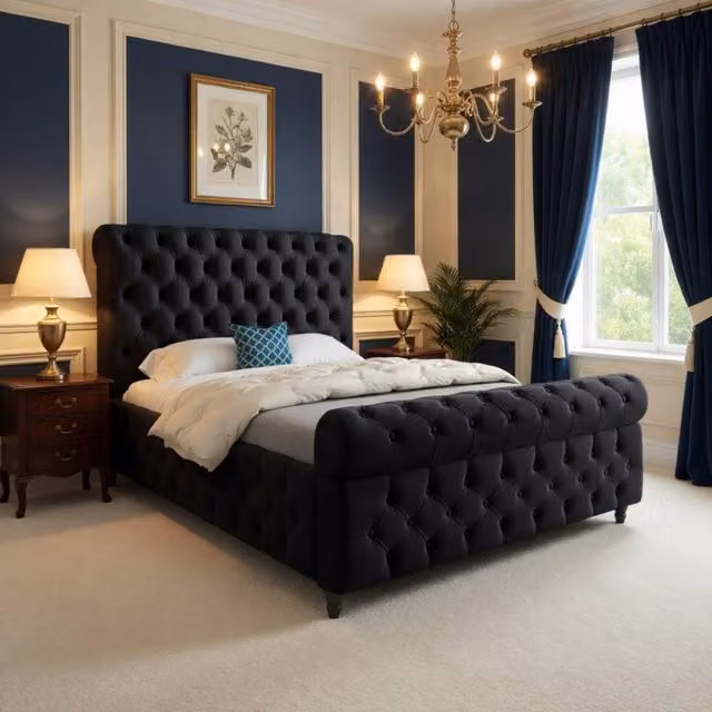 KDMD Wareham Sleigh Upholstered Designer Bed Frame in Black Soft Velvet, Small Single