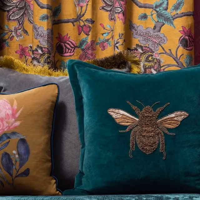 Voyage Maison Layla Feather Filled Velvet Embroidered Bee Cushion in Petrol and Gold, W/D/H: 50 x 50 x 50 cm