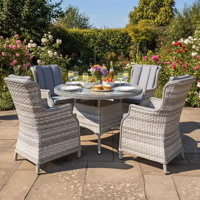 Oseasons Knightsbridge XL 4 Seat Rattan Dining Set in Dove Grey with Round Glass Top – 1