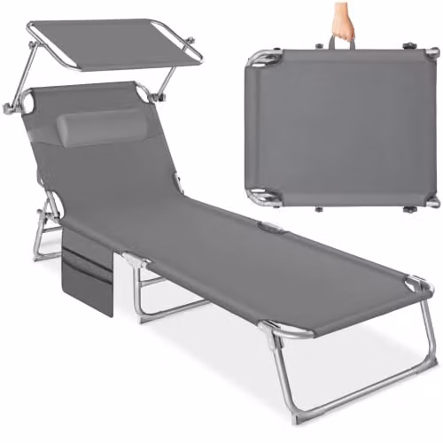 tectake Folding Sun Lounger with Sun Canopy and Adjustable Headrest in Grey, W/D/H: 190 x 68 x 111 cm