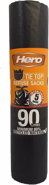 Hero Heavy Duty Bin Bags, 90L, Black, Pack of 5