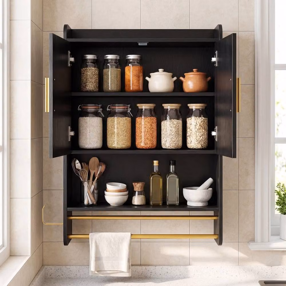 EONLION Modern Matt Black Wall Mounted Bathroom and Kitchen Cabinet with Hinged Doors and Internal Shelves – 3