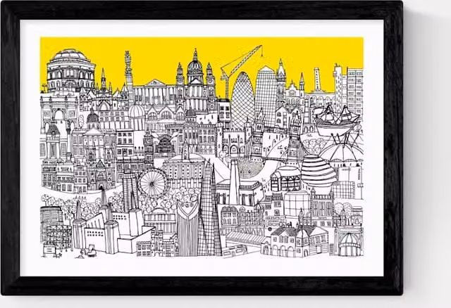 East End Prints London Jungle Modern Abstract Framed Art Poster in Black and Yellow