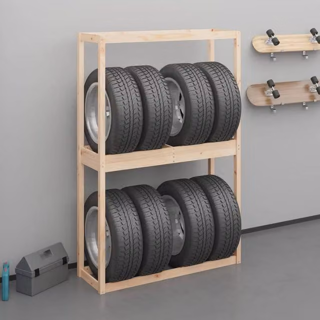Berkfield Home Solid Wood Pine Tyre Rack in Brown, W/D/H: 120 x 40 x 180 cm