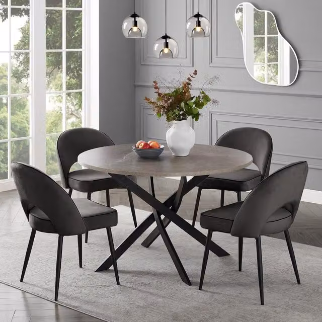 GRS Dijon Round Concrete Effect Dining Table and 4 Grey Velvet Chairs, Diameter: 100 cm, Height: 75 cm
