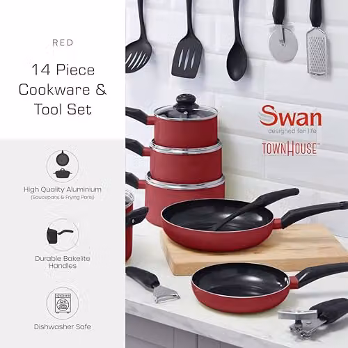 Swan Townhouse 14 Piece Red Aluminium Cookware and Tool Set with Ceramic Coating, 16cm, 18cm and 20cm Saucepans with Glass Lids and 20cm and 26cm Frying Pans – 2