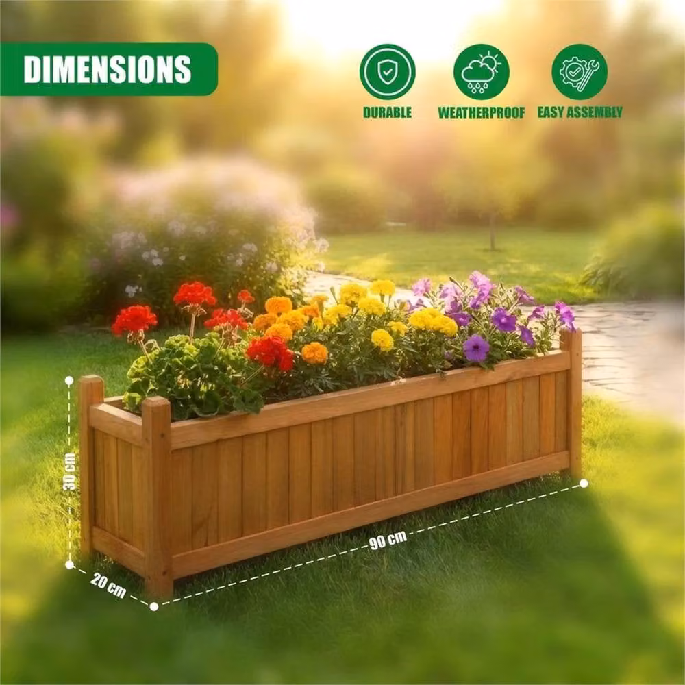 Kelvenix Set of 2 Large Rectangular Wooden Garden Planters in Brown – 2