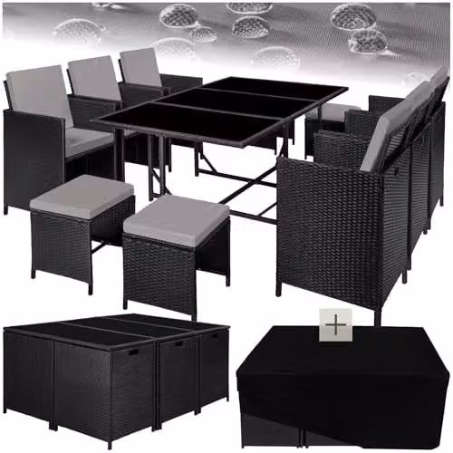 tectake Modern Rattan Garden Furniture Set with Glass Top in Black and Grey – 1
