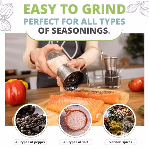 Oliver's Kitchen Salt and Pepper Grinder Set with Ceramic Mechanisms and Rotating Stand in Silver – 10