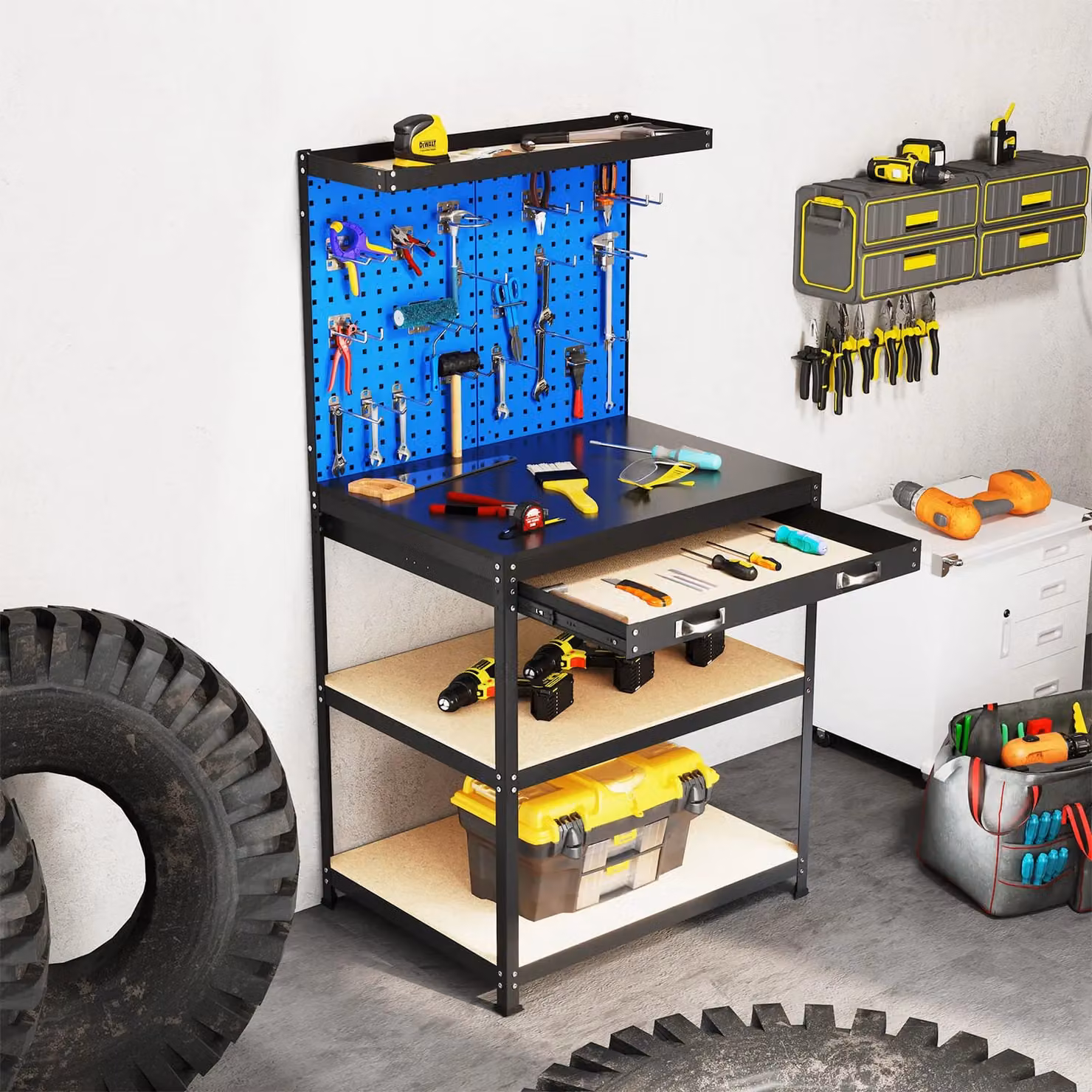 Costway Heavy-Duty Metal Workbench with 2 Pegboards, Blue, W: 81 cm, D: 41 cm, H: 156 cm – 3