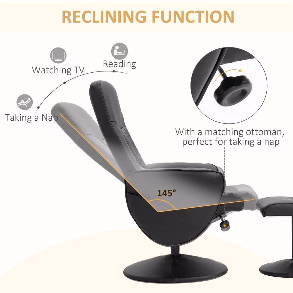 NESTLUNE Black PU Leather Swivel Recliner Armchair with Ottoman – 5