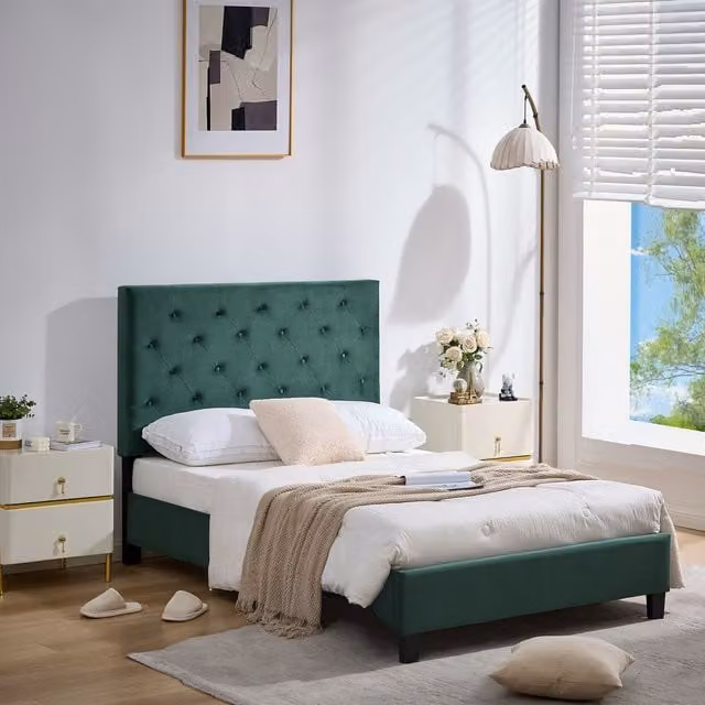 FURNITURE ONE Upholstered Platform Bed Frame with Adjustable Button Tufted Headboard in Green, W/D/H: 180 x 200 x 118 cm