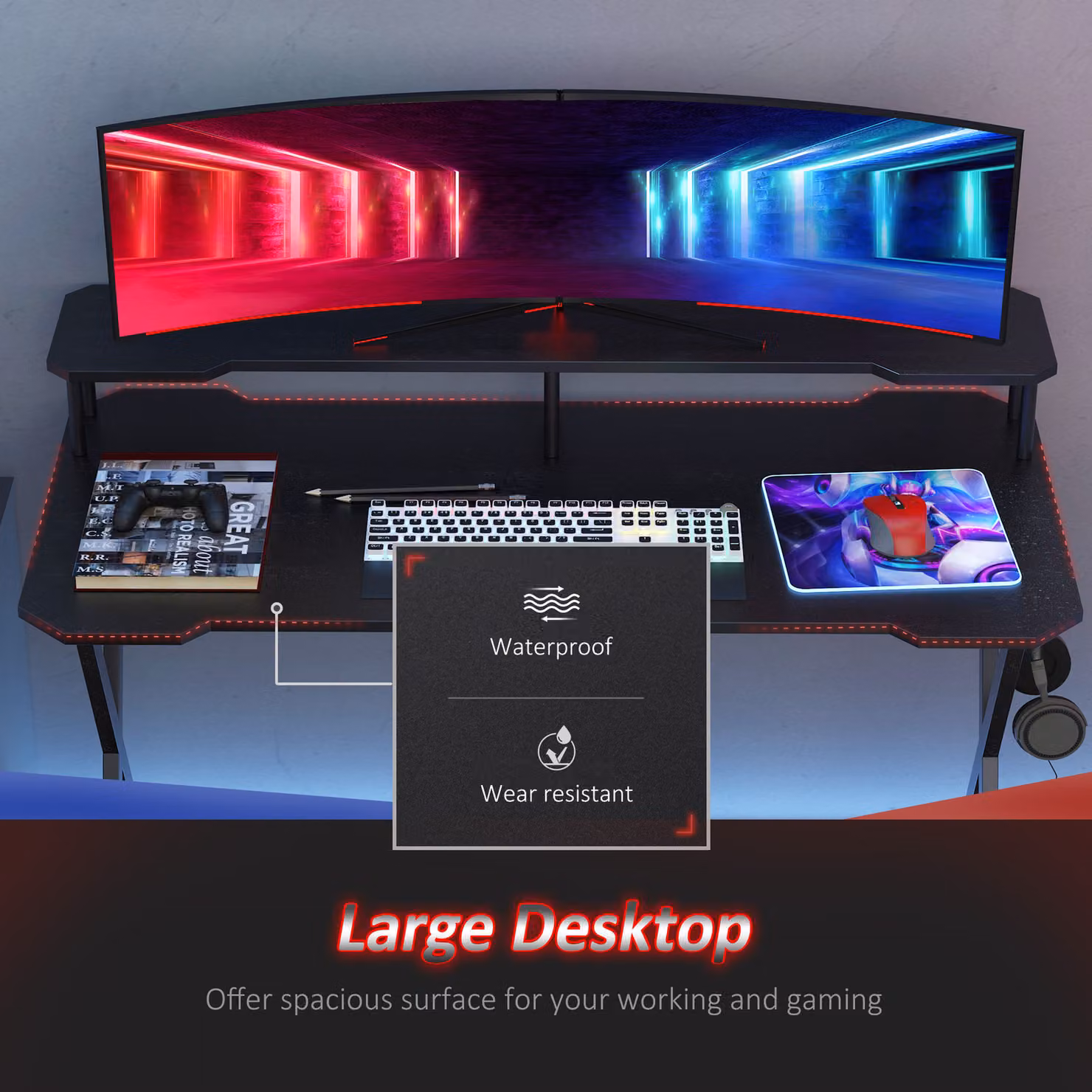 HOMCOM Black Gaming Computer Desk with Curved Front and Headphone Hook for Home Office Use – 5