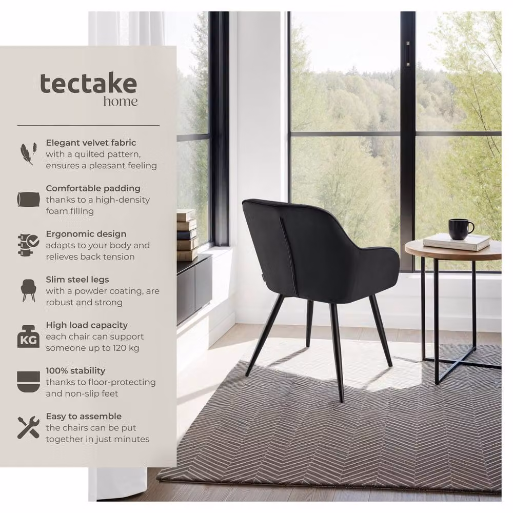 tectake Marilyn Set of 4 Dining Chairs in Black Velvet with Armrests – 2