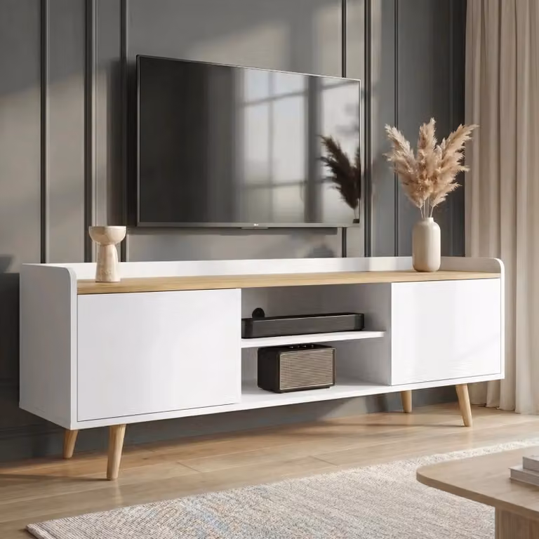 DHS Larvik White Scandinavian TV Unit with Oak Top and Shelves, W: 140 cm, D: 40 cm, suitable for TVs up to 55"