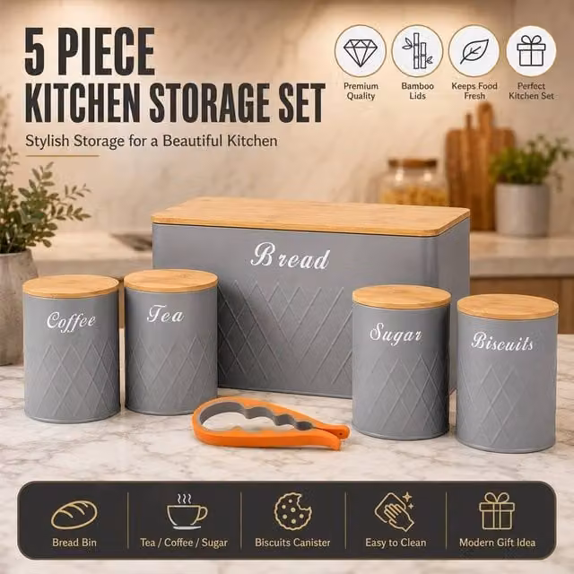 ATEK Grey Kitchen Canister Set with Bread Bin, Airtight Metal Storage Tins with Bamboo Lids for Tea, Coffee, Sugar and Biscuits – 1