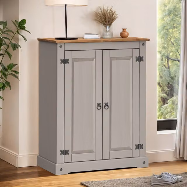 Mercers Furniture Corona 2 Door Shoe Rack Cupboard in Distressed Grey Waxed Solid Mexican Pine, W/D/H: 108 x 39 x 86 cm