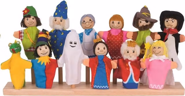 Goki Wooden Character Finger Puppets, 12 Pack, Multicolour and White