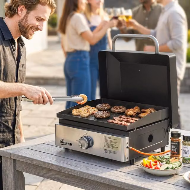 Outsunny 2 Burner Gas Tabletop Grill Griddle with Grease Cup, Black, Width: 57 cm