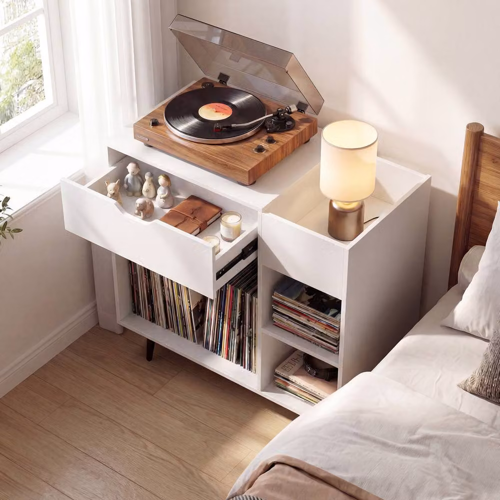 Costway Wooden Record Player Stand and Turntable End Table with Built-In Power Strip in White – 2