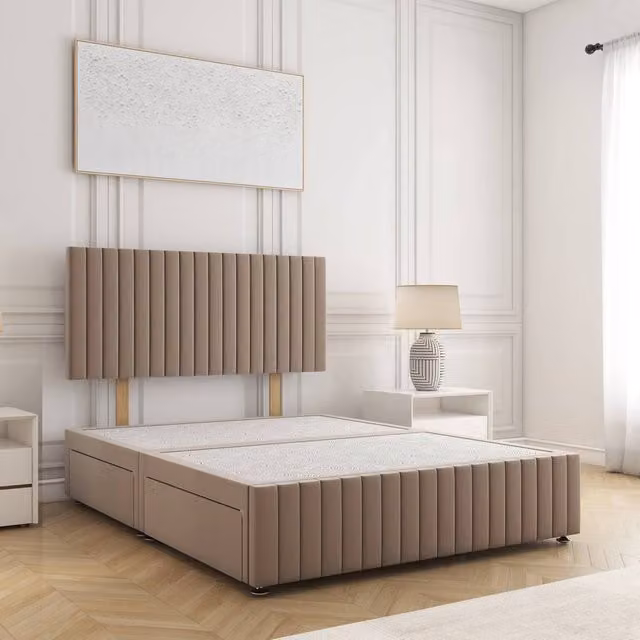 BSSPOKE Emma Double Divan Bed with 24 inch Headboard and 2 Drawers in Beige Plush Velvet, W/D/H: 140 x 200 x 62 cm