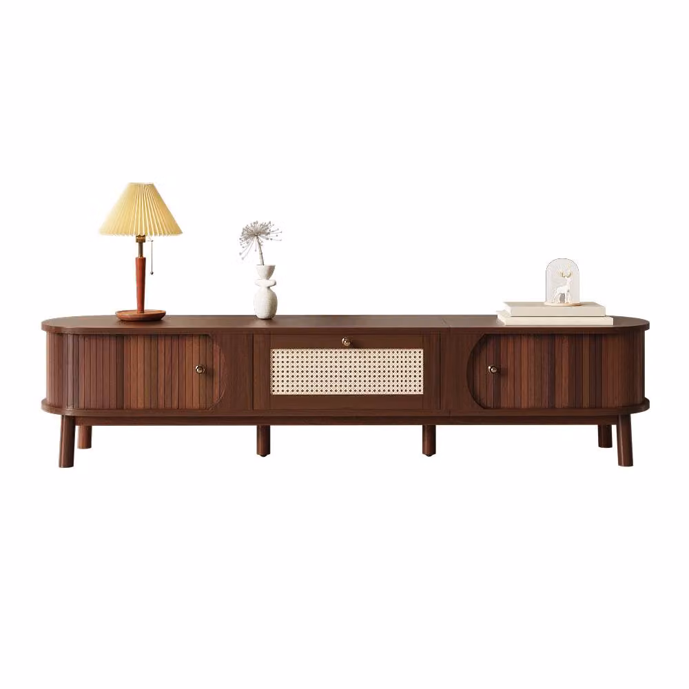 Merax Walnut TV Cabinet with Slatted Wood Doors and Rattan Drawers, W: 170 cm, D: 39.5 cm, H: 38 cm – 2