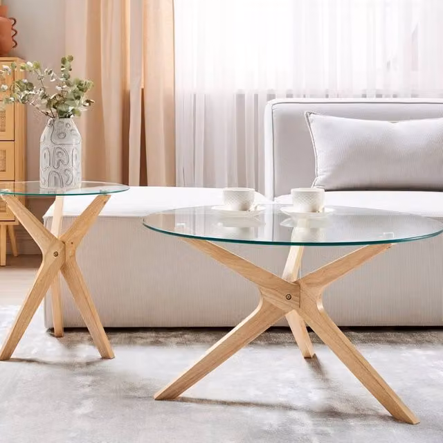 Wyld Haus Coco Nesting Round Coffee Table Set with Clear Tempered Glass Tops and Lacquered Rubberwood Legs